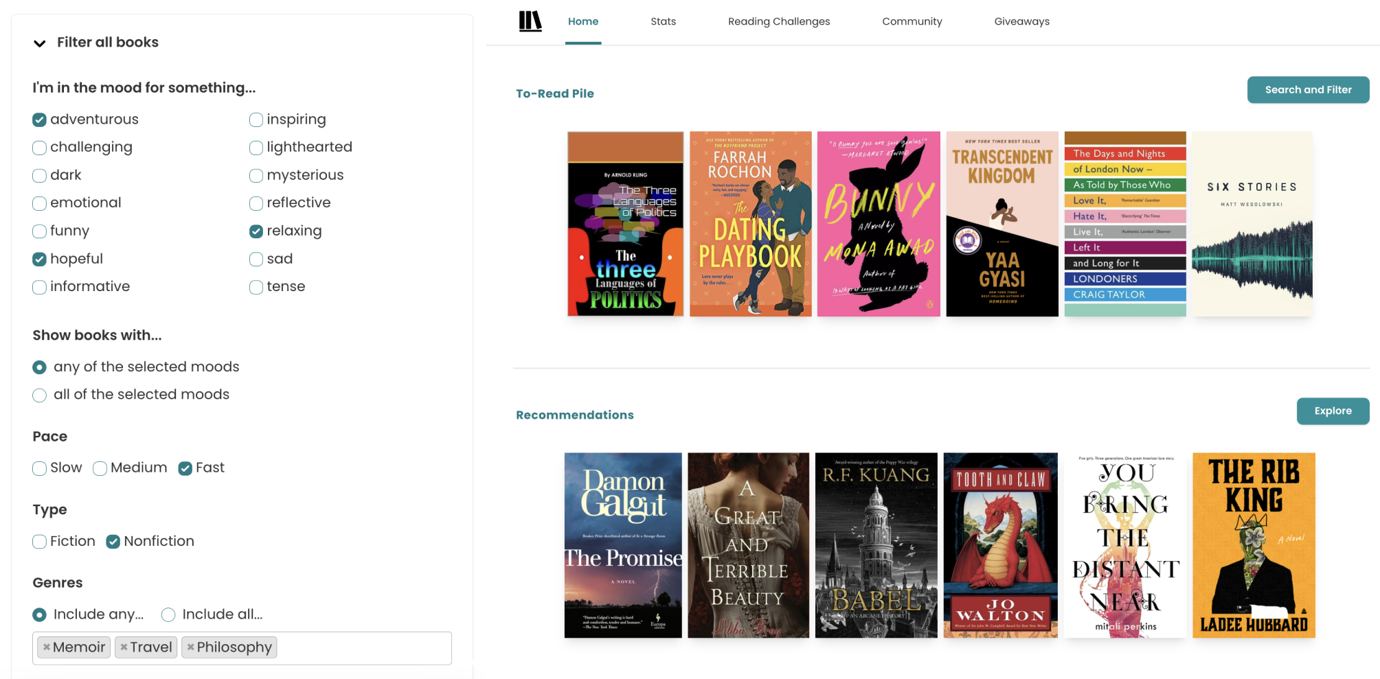Screenshot of The StoryGraph's homepage with two rows of books covers. The top row is titled 'To-Read Pile' and the bottom row is titled 'Recommendations'. Overlayed, on the left, is the mobile view of a filter menu. There are options to select mood, pace, fiction or nonfiction, and genres.